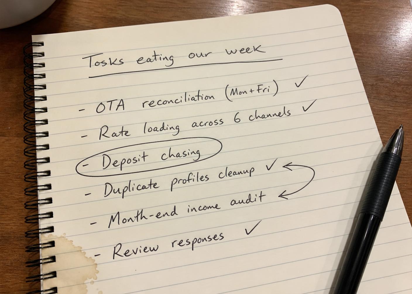 A handwritten notebook page titled Tasks eating our week, listing OTA reconciliation, rate loading, deposit chasing, duplicate profiles cleanup, month-end income audit, and review responses